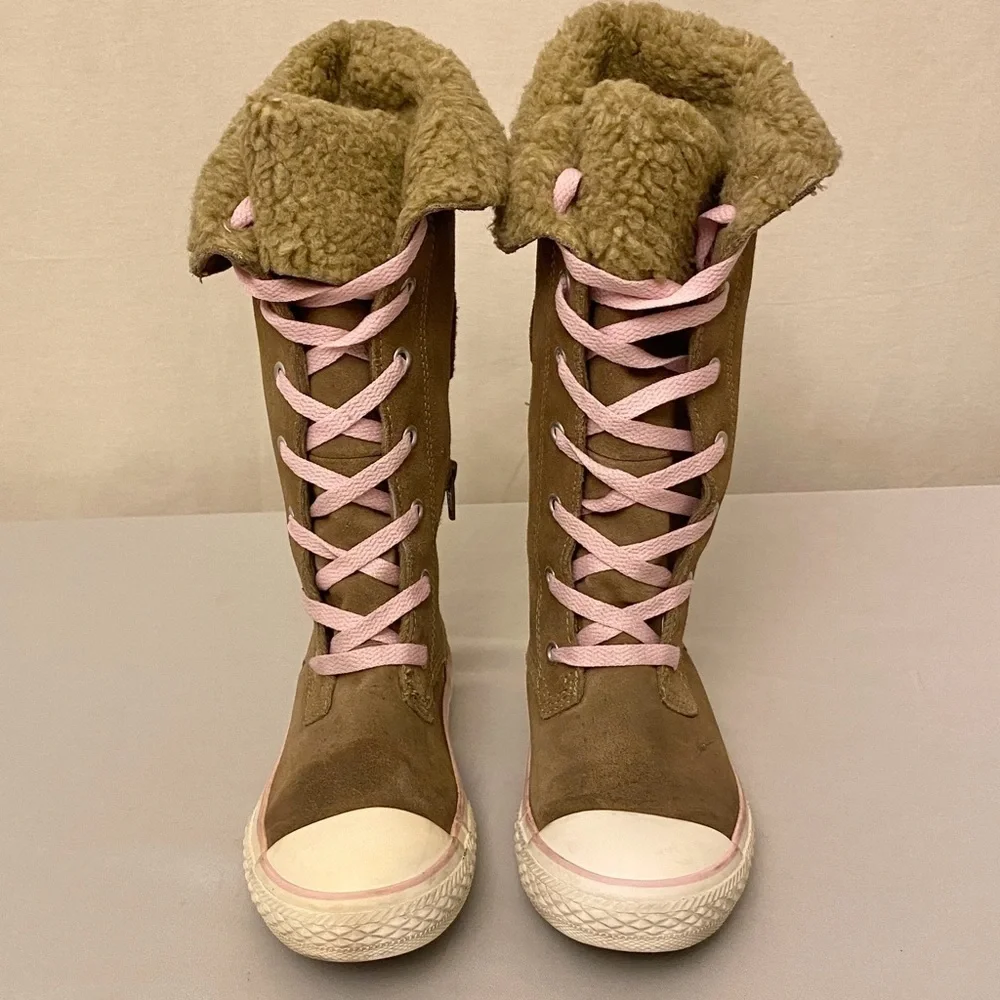 Converse Sharon Girls Youth Size 1 Tall Calf Sneakers Suede Beige Pink Shoes